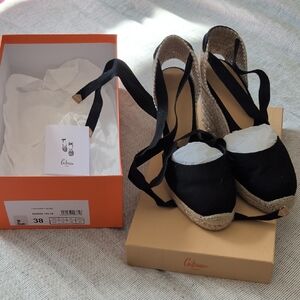 Castaner Black Espadrille Wedges with Ribbon Ties